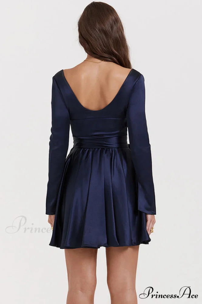 Dominique Navy Stylish Plunge Mini Dress