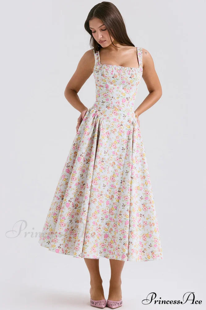Dorothy White Stylish Rosebud Print Sundress XS / Light Blue Meadow Print