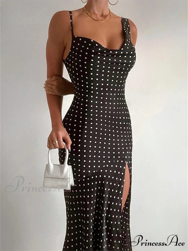 Dot Print Swinging Neck Backless Summer Women Sleeveless Split es Casual Midi Dress