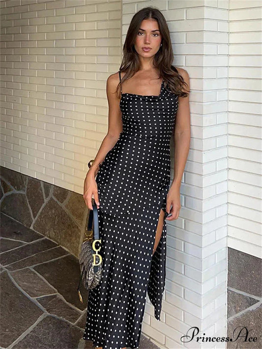 Dot Print Swinging Neck Backless Summer Women Sleeveless Split es Casual Midi Dress Black / S