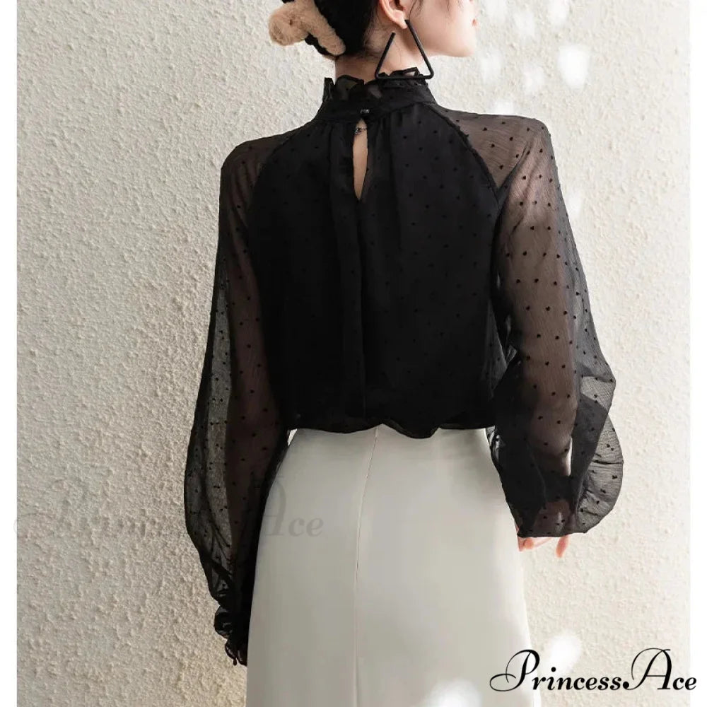 Dotted Chiffon High Neck Fall Blouse blouse-250126