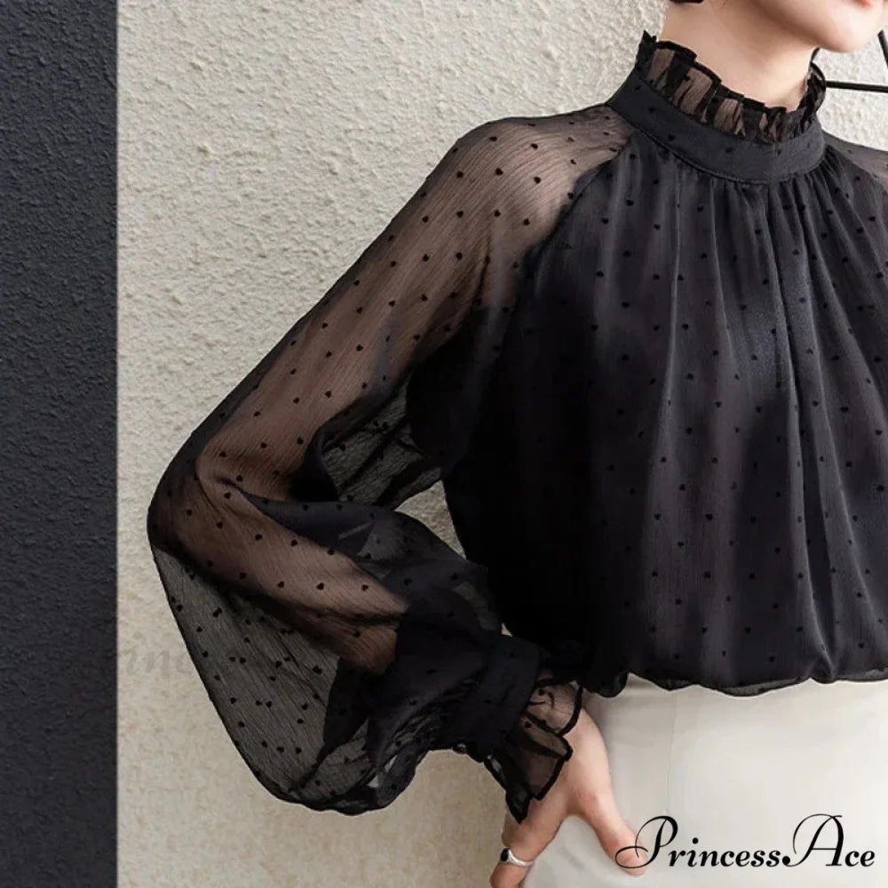 Dotted Chiffon High Neck Fall Blouse blouse-250126