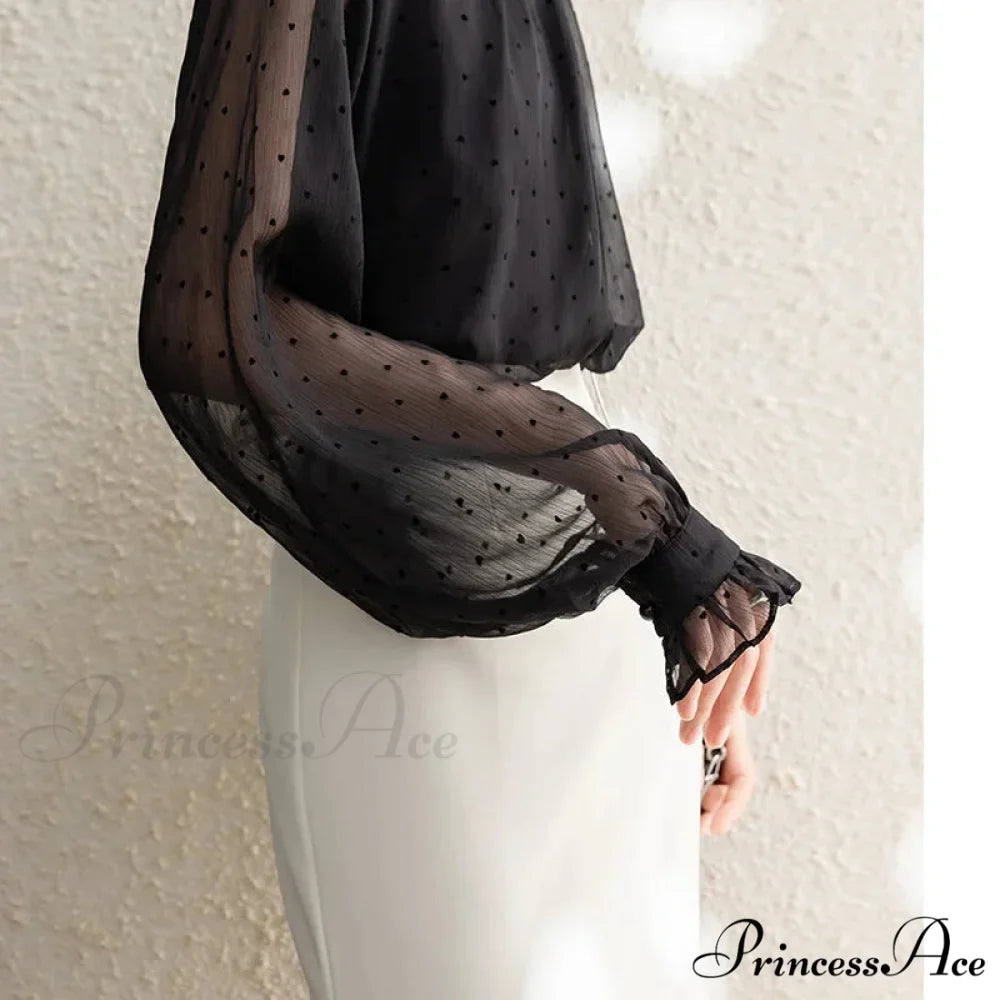 Dotted Chiffon High Neck Fall Blouse blouse-250126