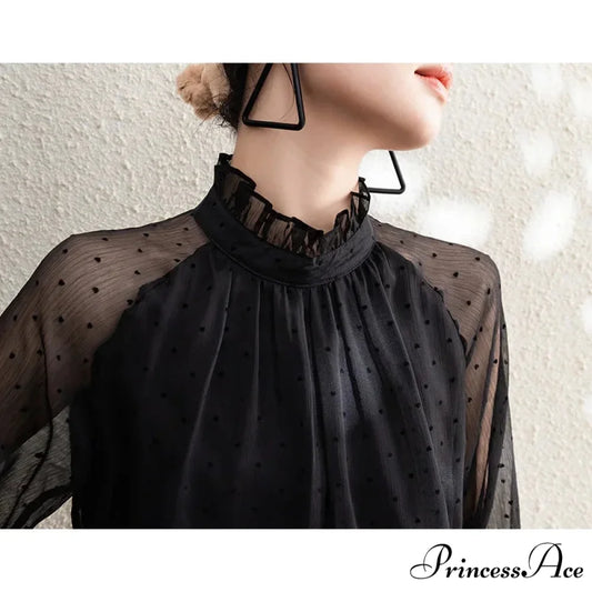 Dotted Chiffon High Neck Fall Blouse blouse-250126