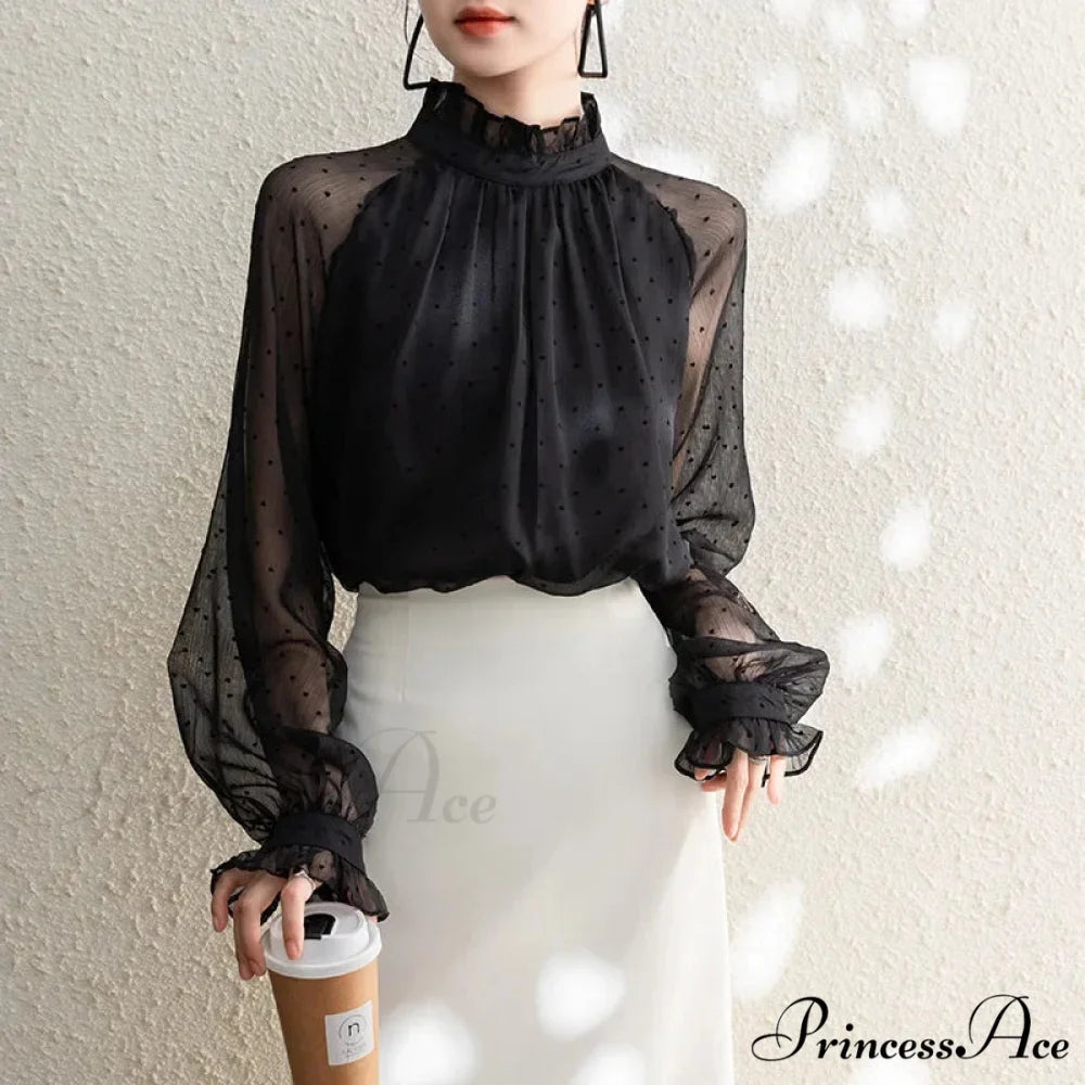 Dotted Chiffon High Neck Fall Blouse Black / S blouse-250126