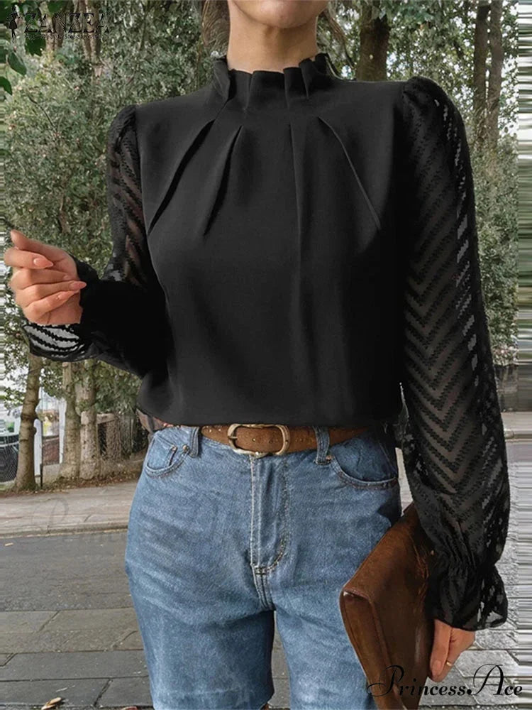 Dotted Folded High Neck Long Sleeve Blouse Black / S blouse-250126