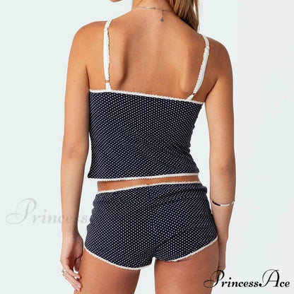 Dotted Lace Trim Camisole Mini Shorts Retro Lounge Two Pieces Set twopiecesset-250126