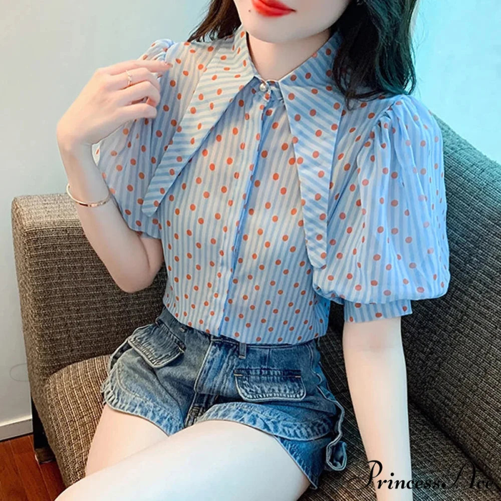 Dotted Pattern Stylish Relaxed Balloon Sleeve Top blouse-250126