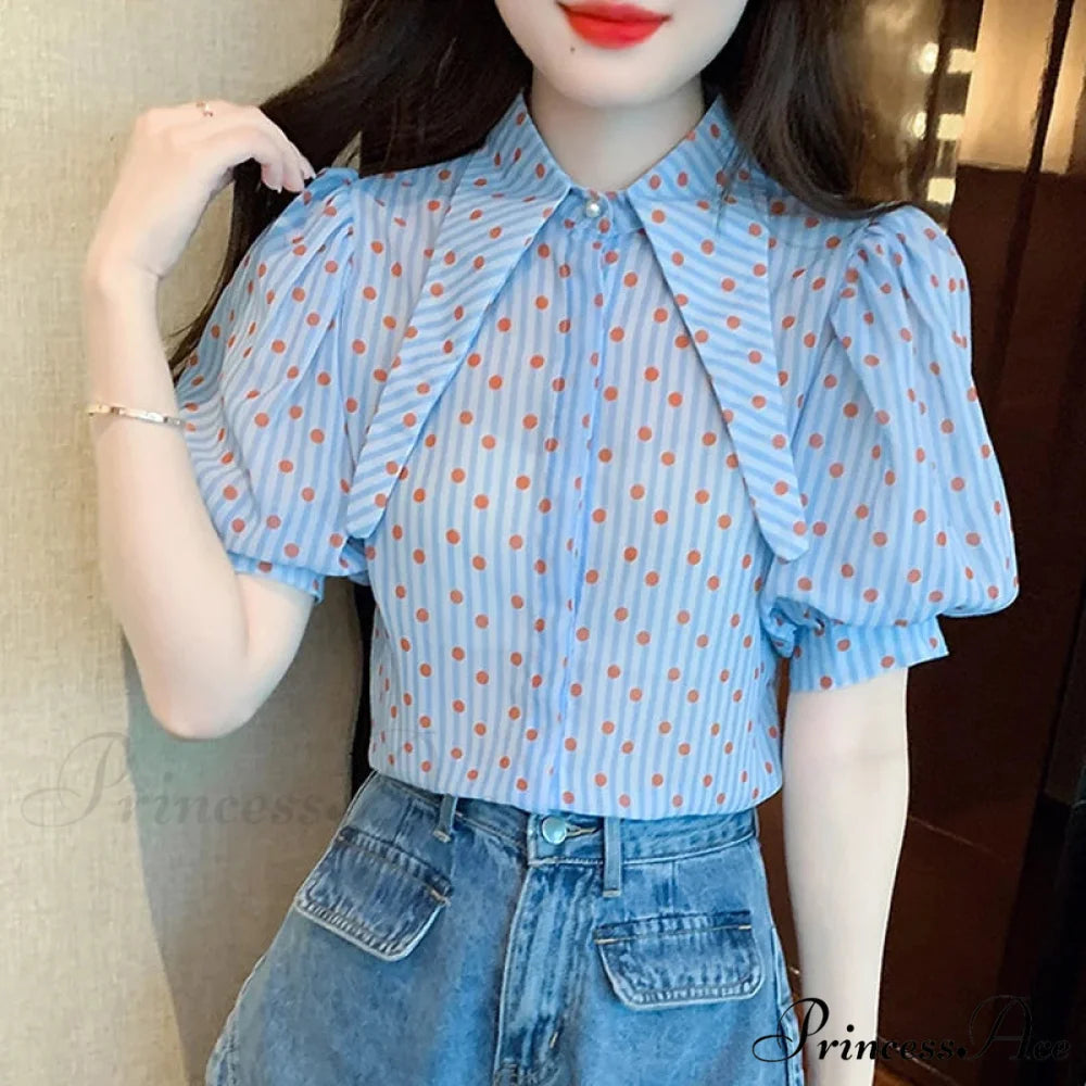 Dotted Pattern Stylish Relaxed Balloon Sleeve Top blouse-250126