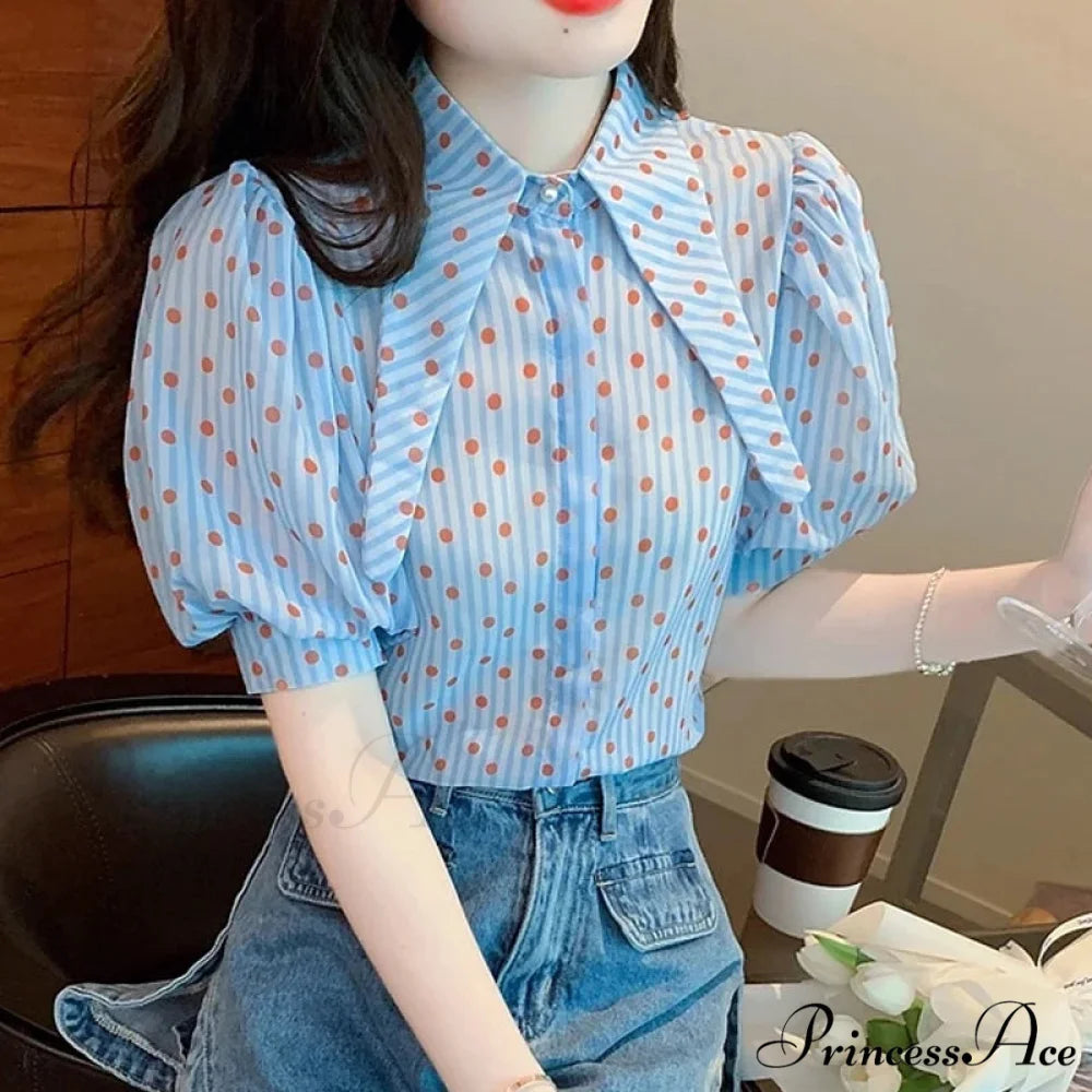 Dotted Pattern Stylish Relaxed Balloon Sleeve Top blouse-250126
