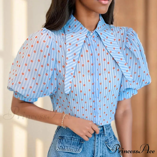Dotted Pattern Stylish Relaxed Balloon Sleeve Top Blue / S blouse-250126