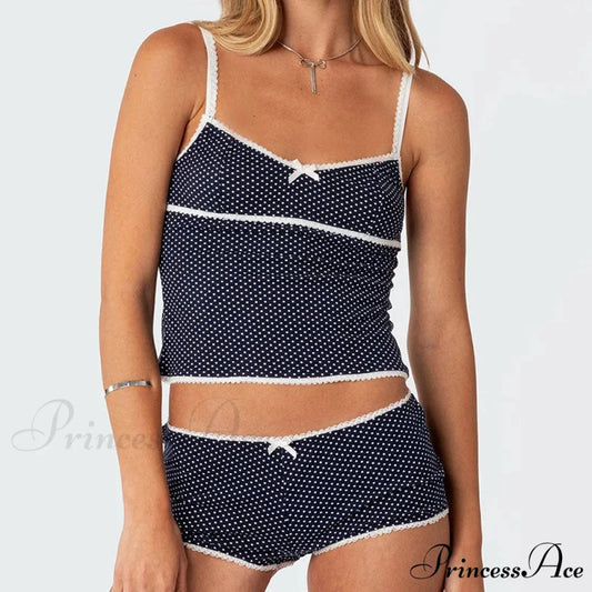 Dotted Retro Crop Tops Mini Shorts Two Pieces Set blue / S twopiecesset-250126