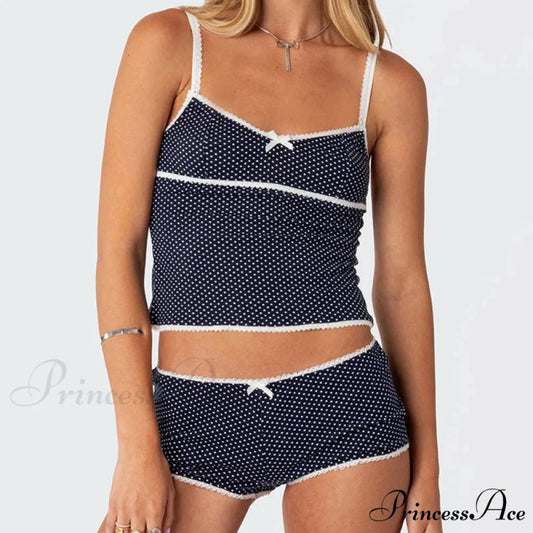 Dotted Retro Crop Tops Mini Shorts Two Pieces Set twopiecesset-250126