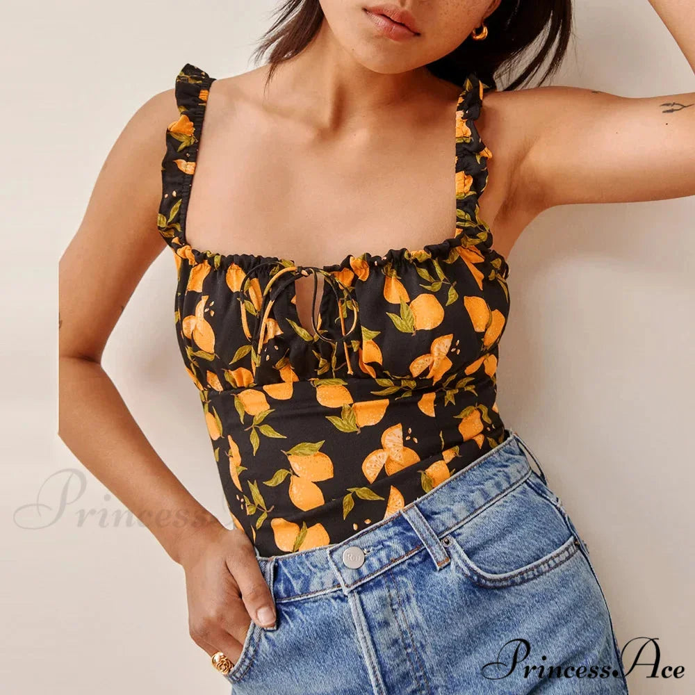 Dotted Square Neck Bow Sleeveless Frill Strap Shirred Fitted Seductive Crop Top BLACK / S croptop-250126