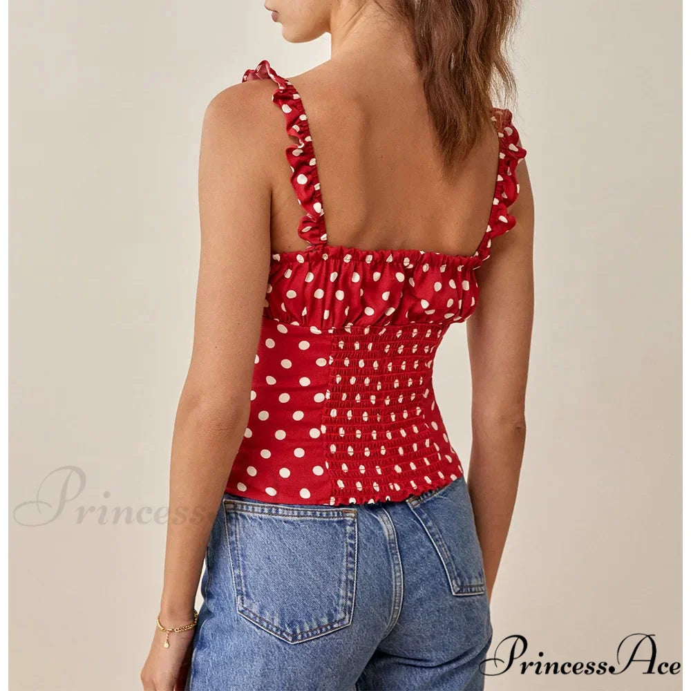 Dotted Square Neck Bow Sleeveless Frill Strap Shirred Fitted Seductive Crop Top croptop-250126