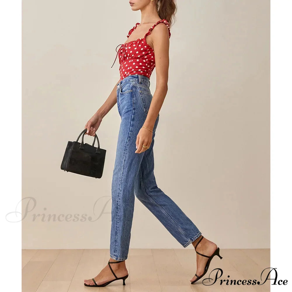 Dotted Square Neck Bow Sleeveless Frill Strap Shirred Fitted Seductive Crop Top croptop-250126