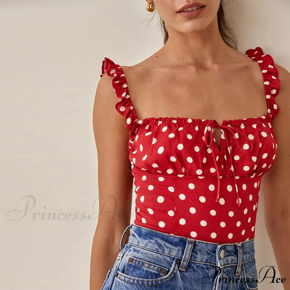 Dotted Square Neck Bow Sleeveless Frill Strap Shirred Fitted Seductive Crop Top RED / S croptop-250126