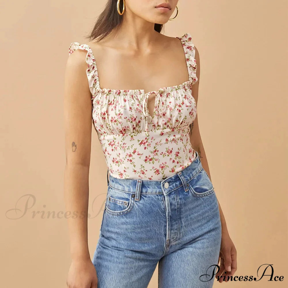 Dotted Square Neck Bow Sleeveless Frill Strap Shirred Fitted Seductive Crop Top WHITE1 / S croptop-250126
