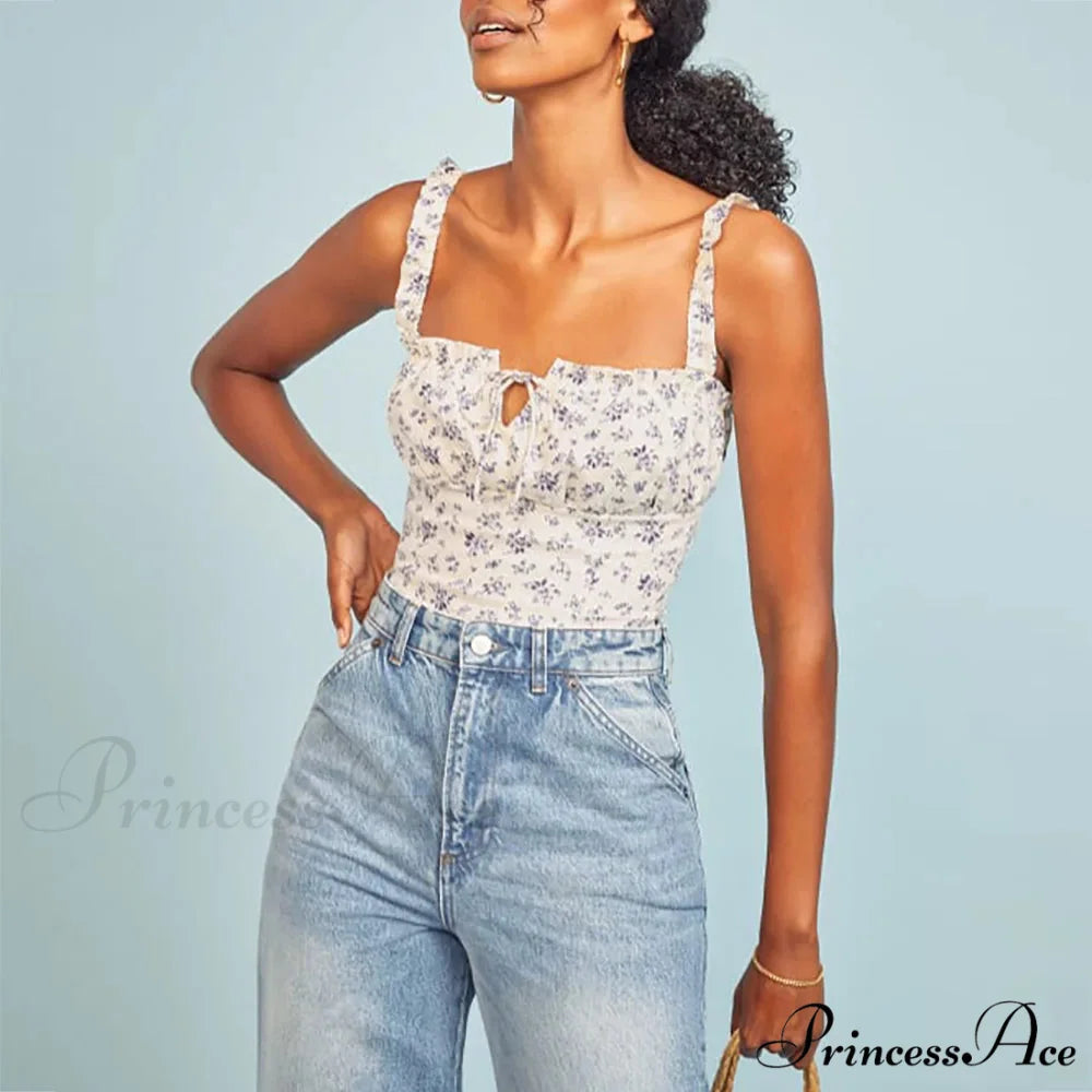 Dotted Square Neck Bow Sleeveless Frill Strap Shirred Fitted Seductive Crop Top WHITE2 / S croptop-250126