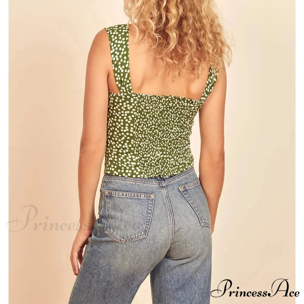 Dotted Sweetheart Neck Shirred Sleeveless Fitted Crop Top croptop-250126