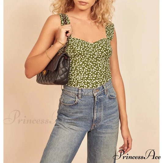 Dotted Sweetheart Neck Shirred Sleeveless Fitted Crop Top croptop-250126