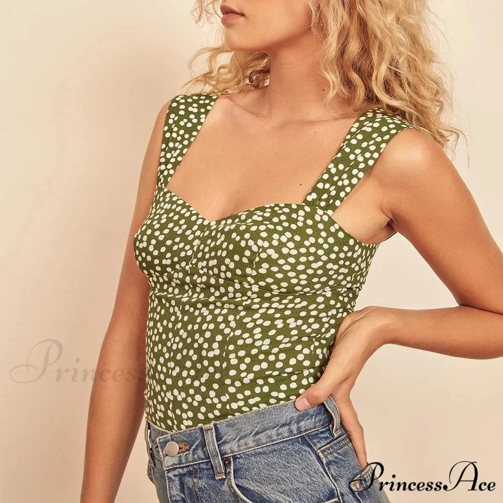 Dotted Sweetheart Neck Shirred Sleeveless Fitted Crop Top GREEN / S croptop-250126