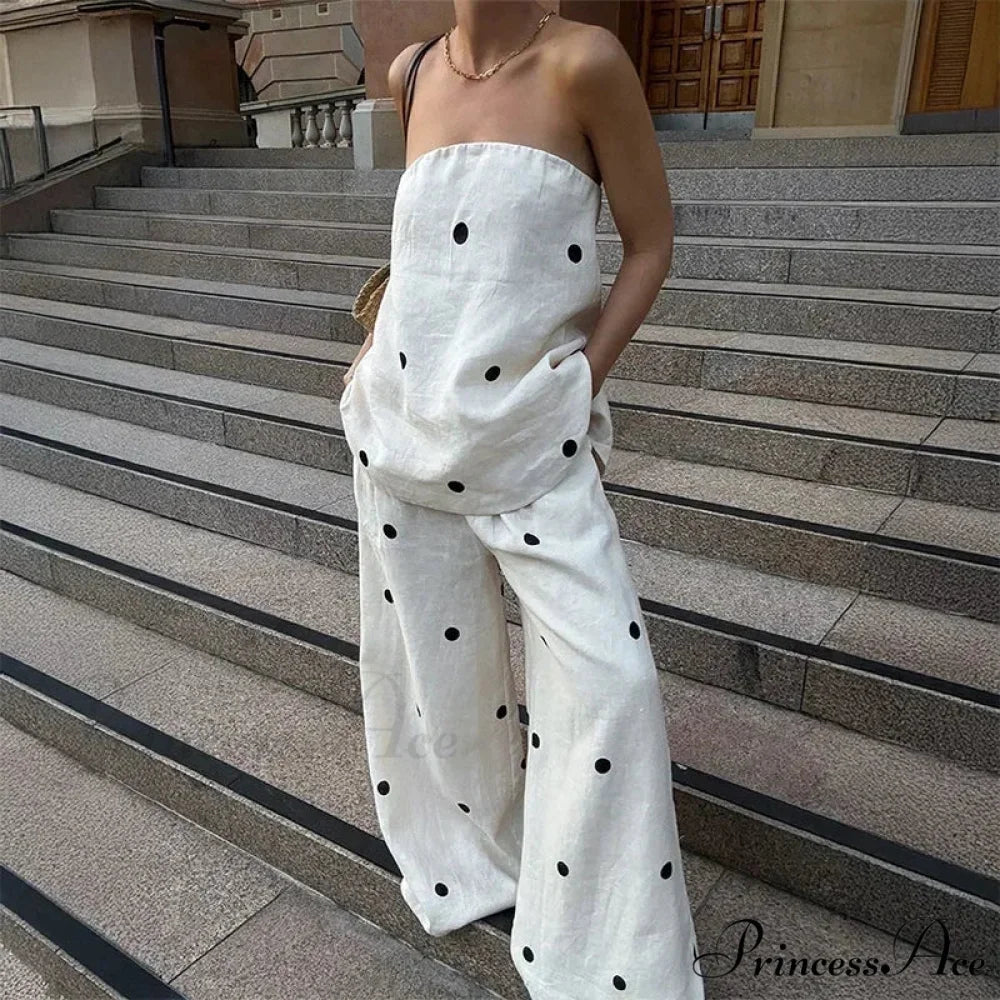 Dotted Tube Top Baggy Trousers Office Two Piece Set creamy-white / S officetwopieceset-250223