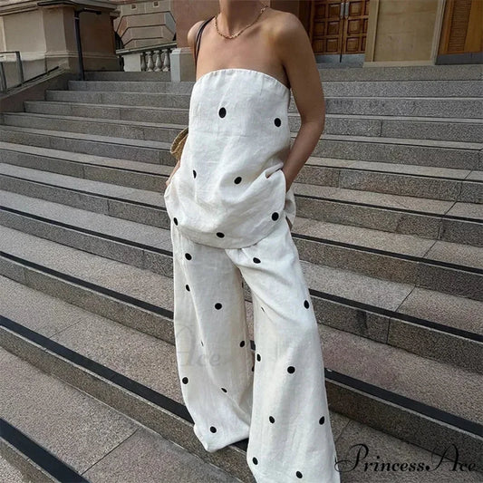 Dotted Tube Top Baggy Trousers Office Two Piece Set creamy-white / S officetwopieceset-250223
