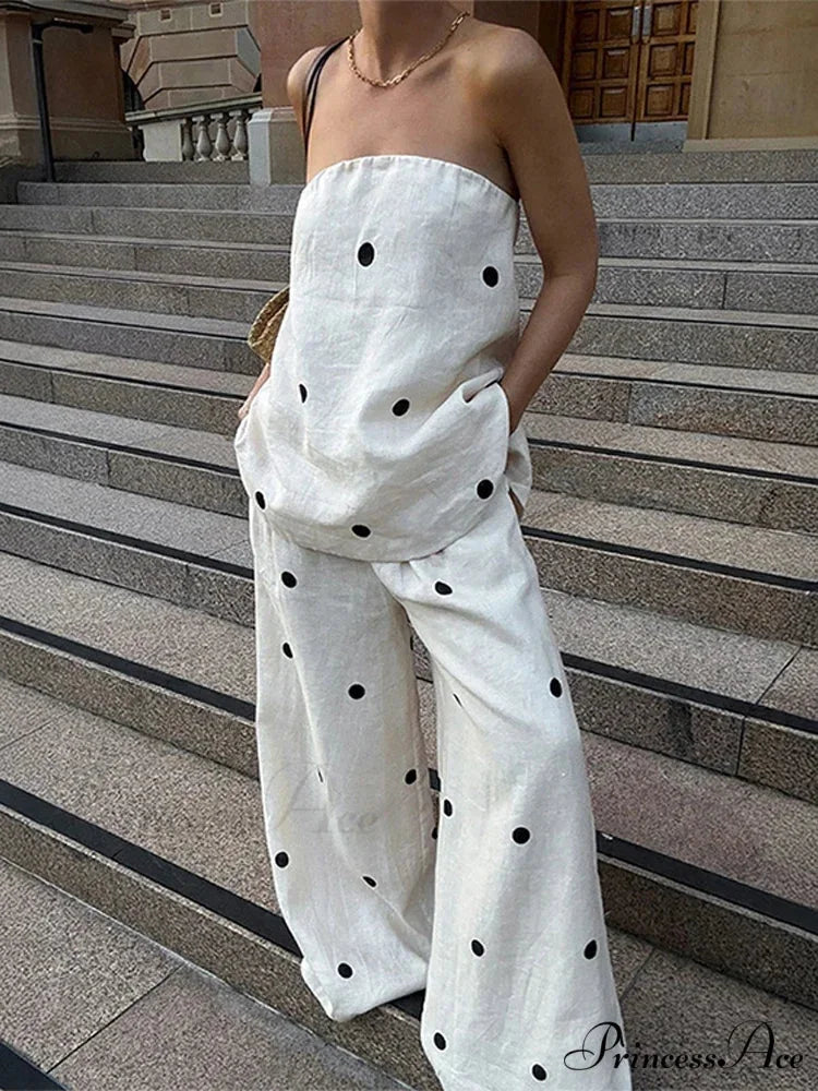 Dotted Tube Top Baggy Trousers Office Two Piece Set officetwopieceset-250223