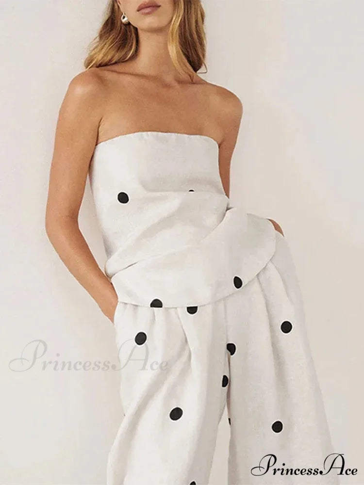 Dotted Tube Top Baggy Trousers Office Two Piece Set officetwopieceset-250223