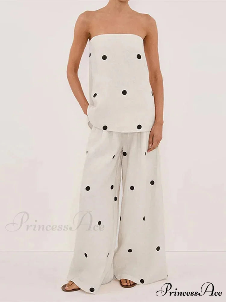 Dotted Tube Top Baggy Trousers Office Two Piece Set officetwopieceset-250223