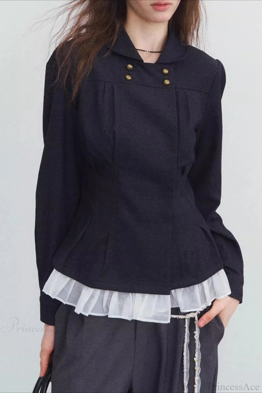 Double-breasted Denim Pleated Slim Jacket