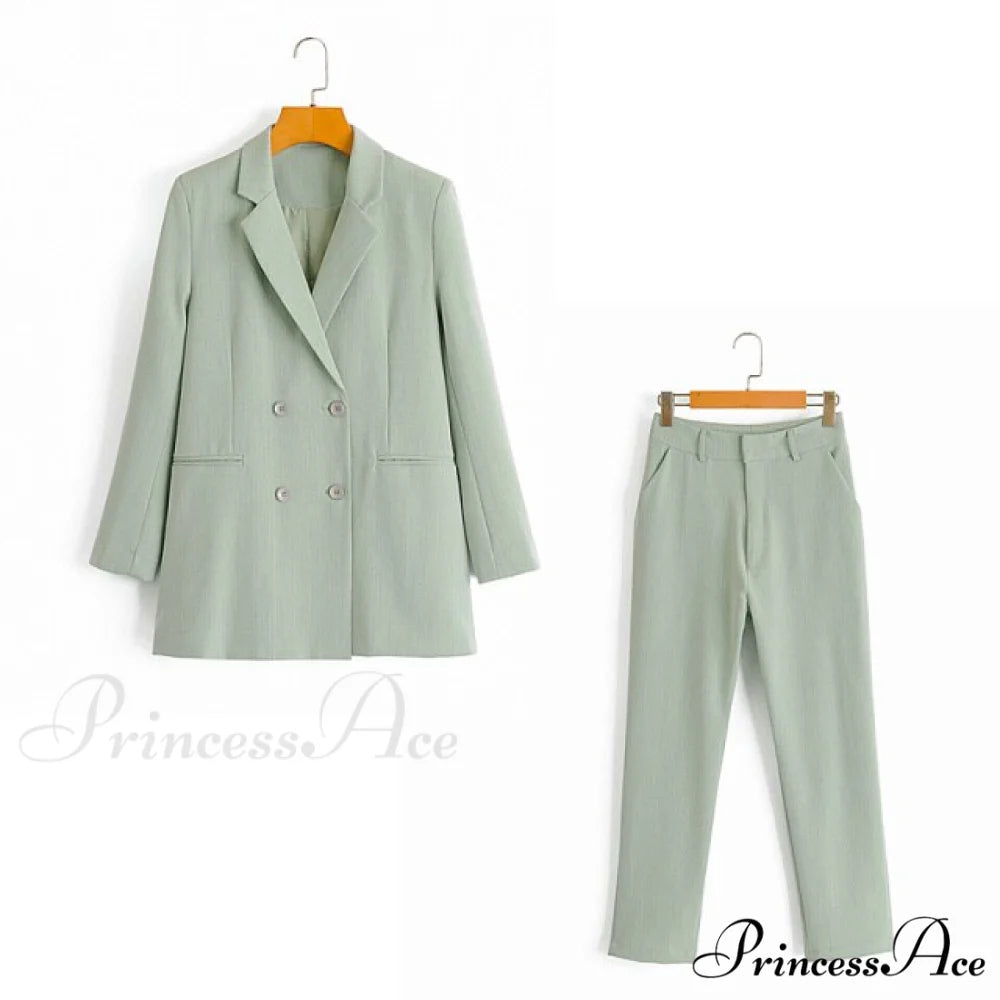 Double-breasted High Street Long Sleeve Blazer Green Pants Set / S