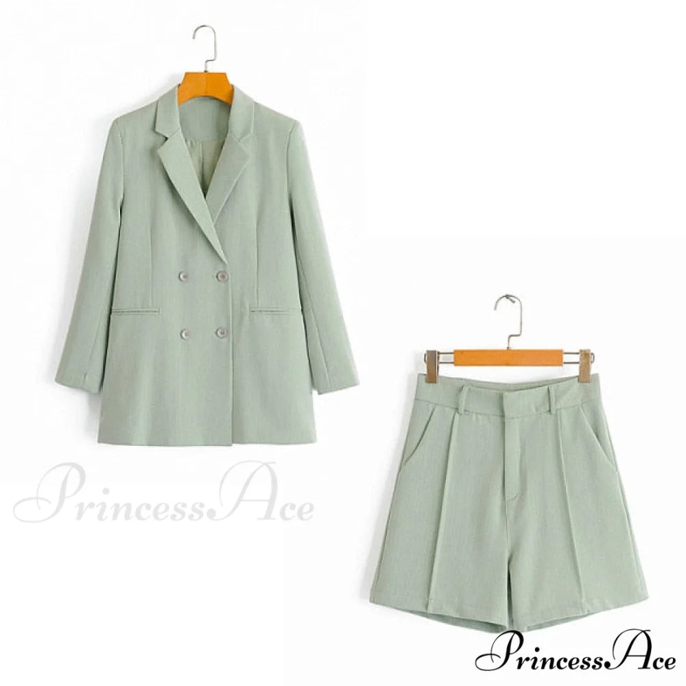 Double-breasted High Street Long Sleeve Blazer Green Shorts Set / S