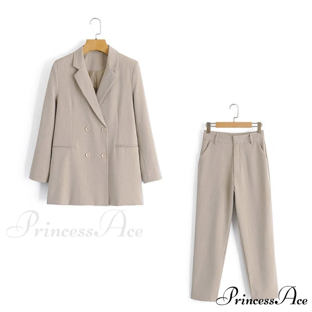 Double-breasted High Street Long Sleeve Blazer Khaki Pants Set / S
