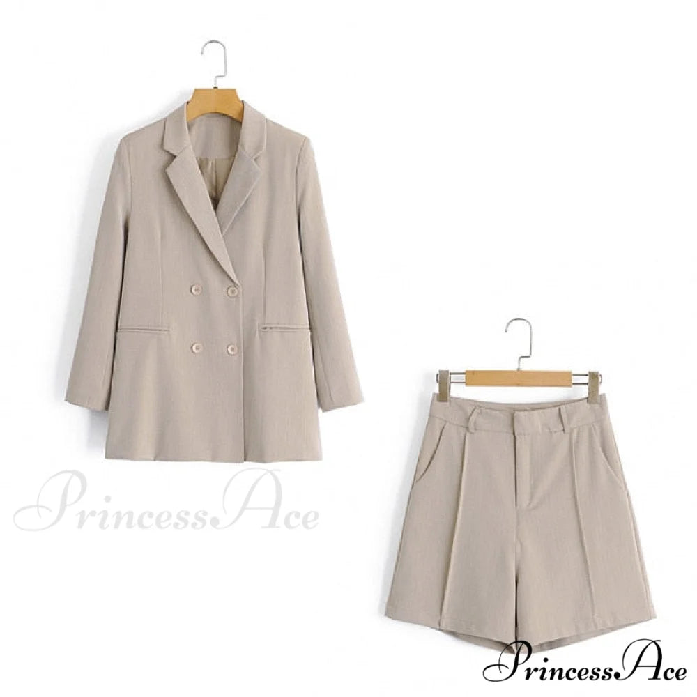 Double-breasted High Street Long Sleeve Blazer Khaki Shorts Set / S