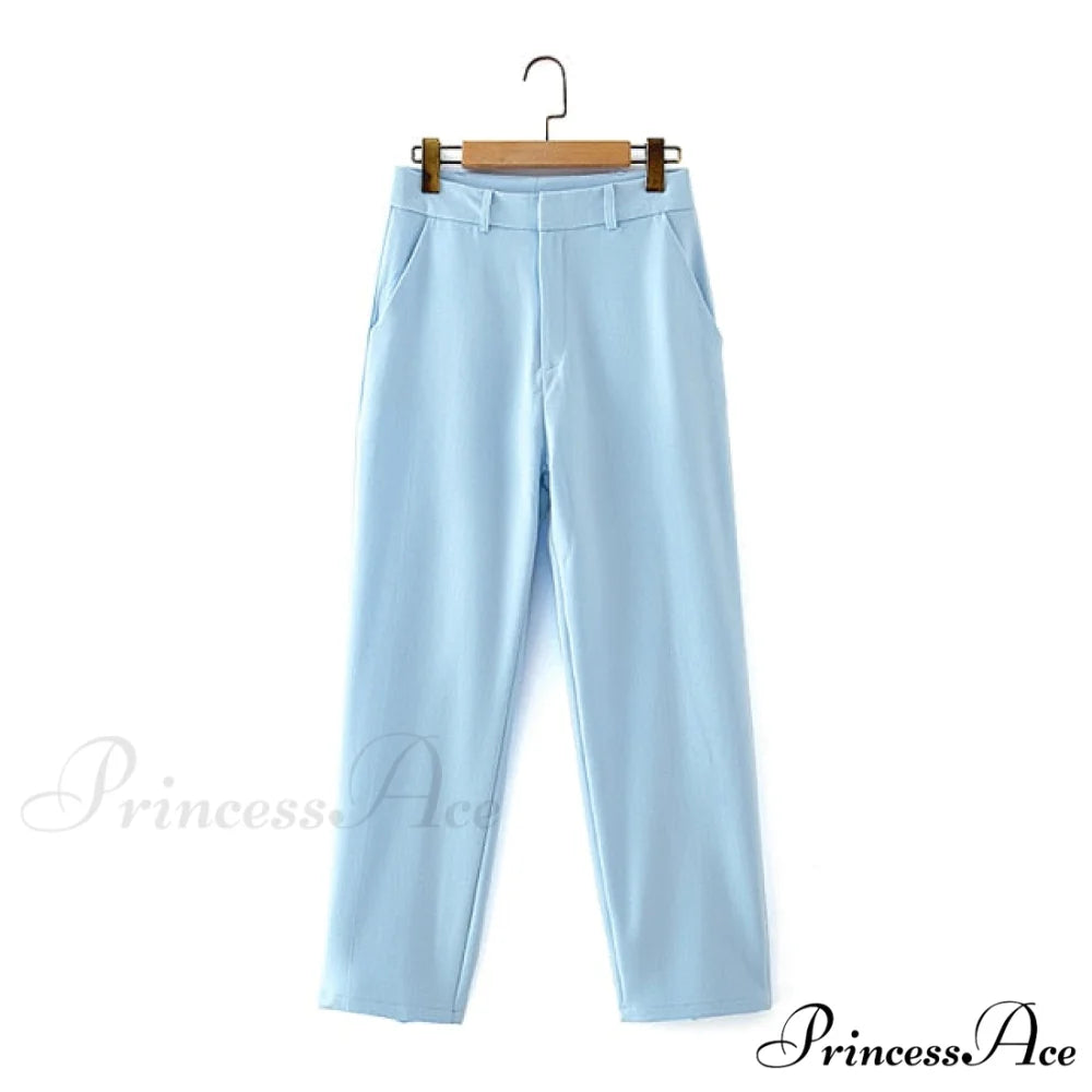 Double-breasted High Street Long Sleeve Blazer Sky Blue Pants / S