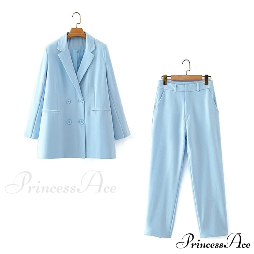 Double-breasted High Street Long Sleeve Blazer Sky Blue Pants Set / S