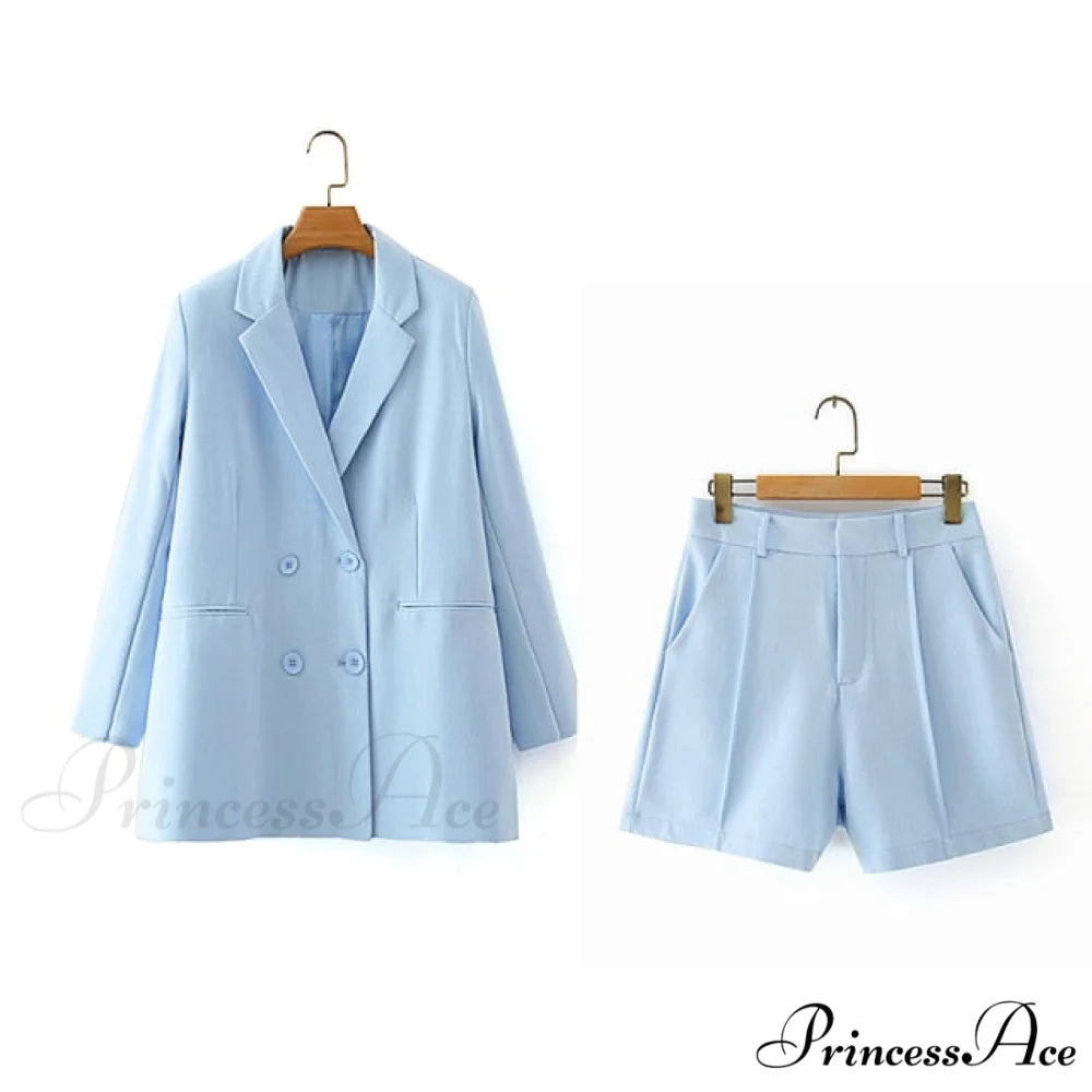 Double-breasted High Street Long Sleeve Blazer Sky Blue Shorts Set / S