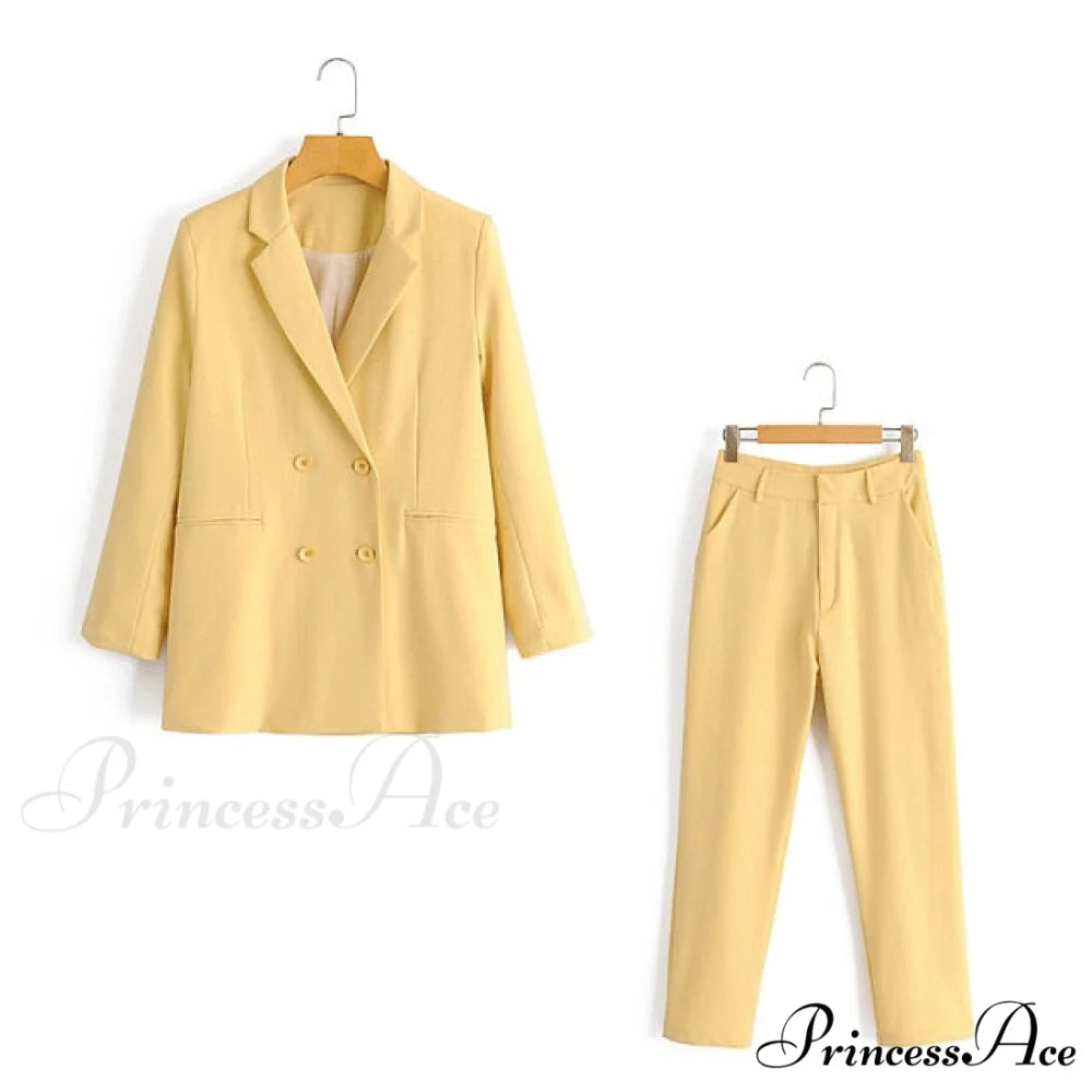 Double-breasted High Street Long Sleeve Blazer Yellow Pants Set / S