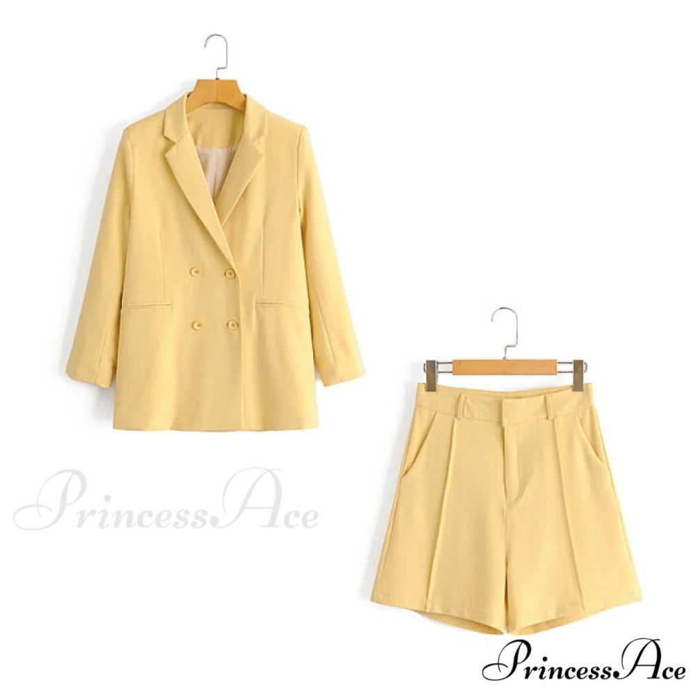Double-breasted High Street Long Sleeve Blazer Yellow Shorts Set / S
