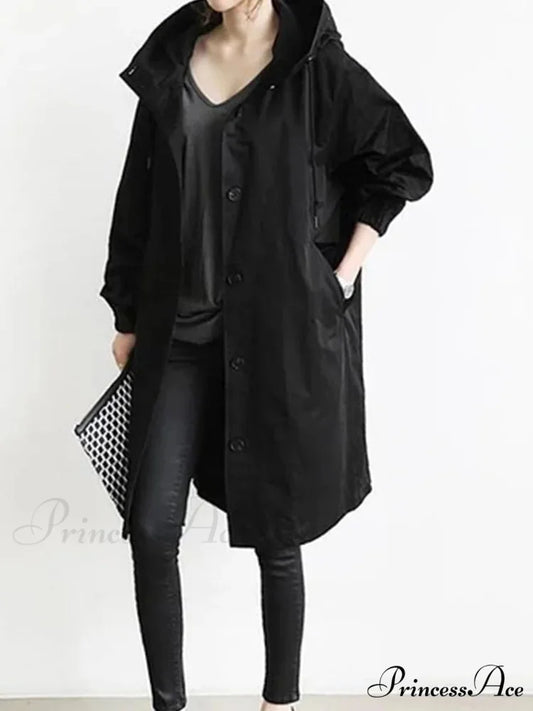 Double Breasted Vintage Notched Neck Pockets Long Sleeve Solid Loose Street Outfit Stylish Coat Black / S