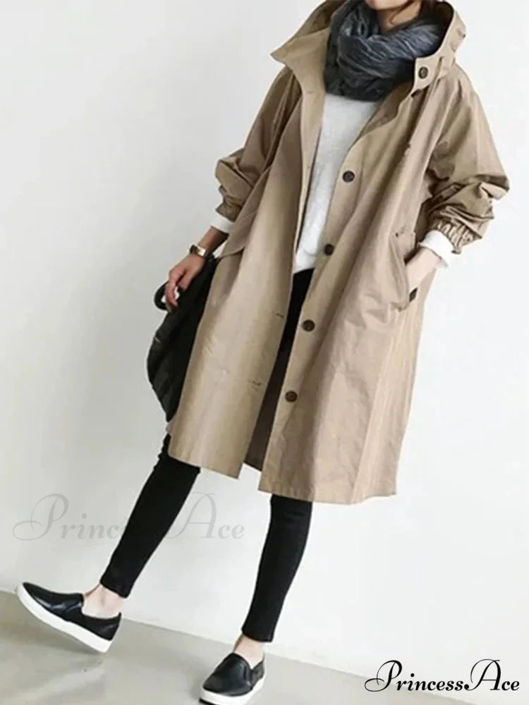 Double Breasted Vintage Notched Neck Pockets Long Sleeve Solid Loose Street Outfit Stylish Coat Khaki / S