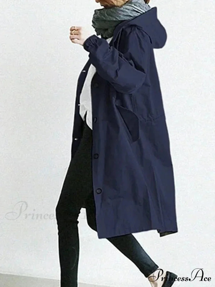 Double Breasted Vintage Notched Neck Pockets Long Sleeve Solid Loose Street Outfit Stylish Coat Navy blue / S