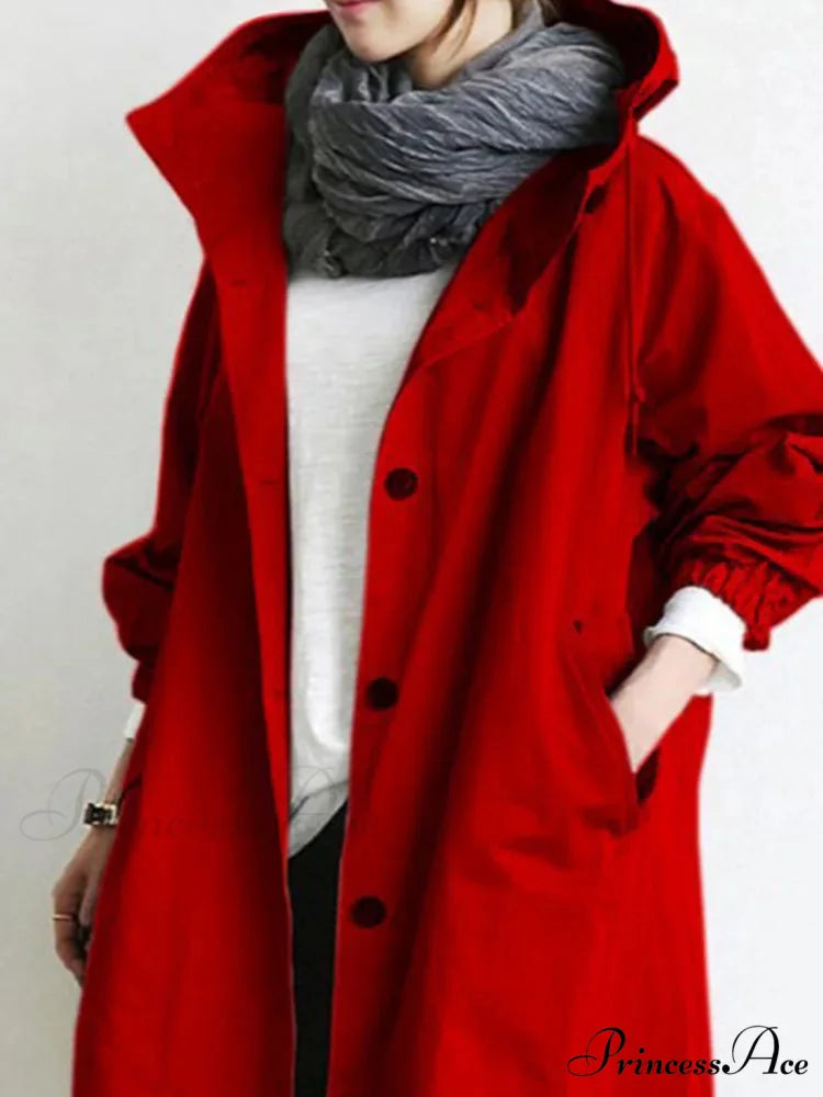 Double Breasted Vintage Notched Neck Pockets Long Sleeve Solid Loose Street Outfit Stylish Coat Red / S