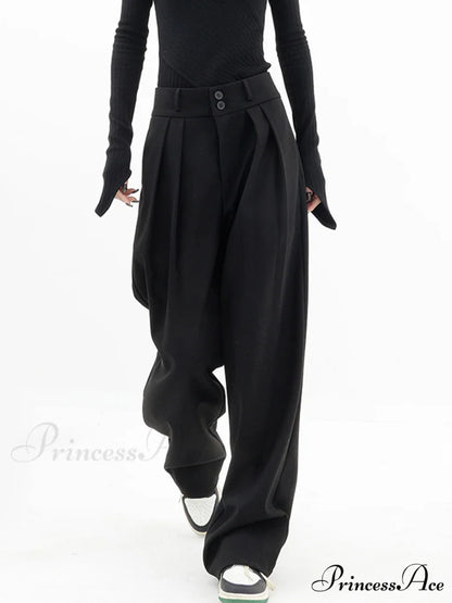 Double Buttons Wide Trendy Leg Dress Pants Black / XS