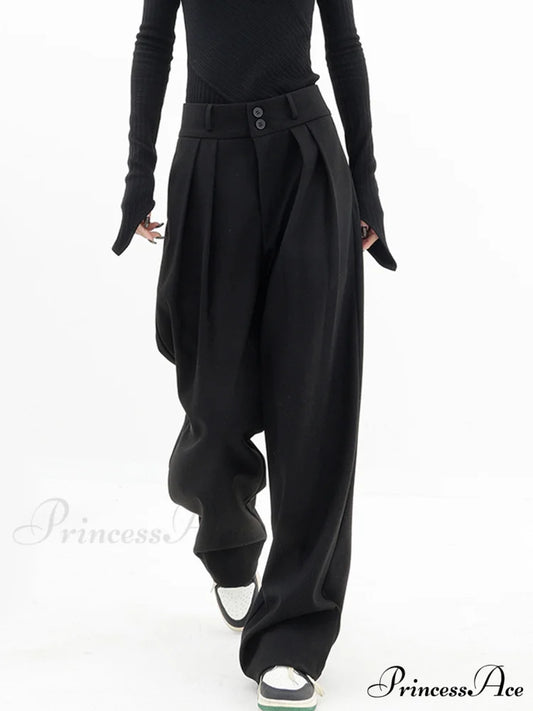 Double Buttons Wide Trendy Leg Dress Pants Black / XS