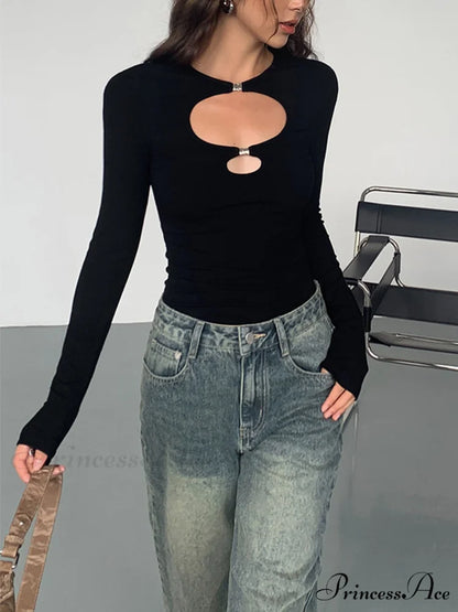 Double Keyholes Graceful Long Sleeve Top Black / XS