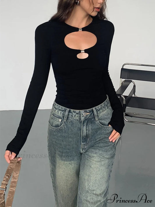 Double Keyholes Graceful Long Sleeve Top Black / XS