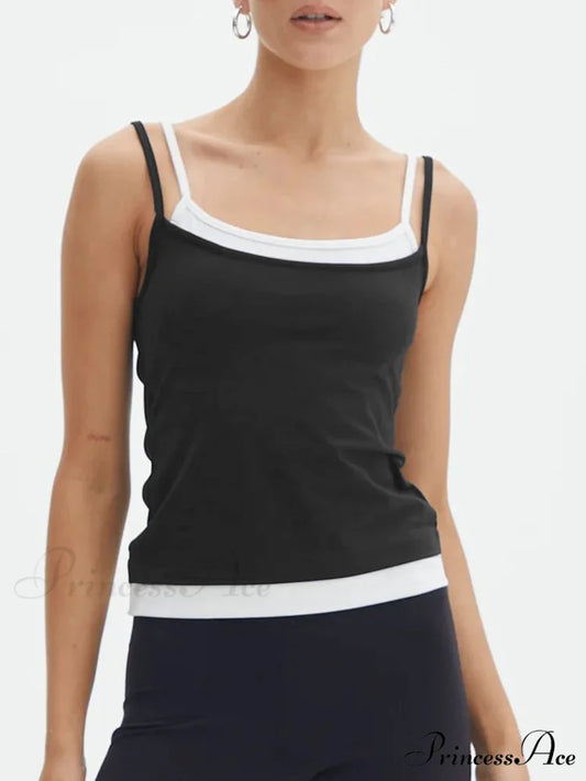 Double Layer Spaghetti Trendy Strap Cami Top Black / XS